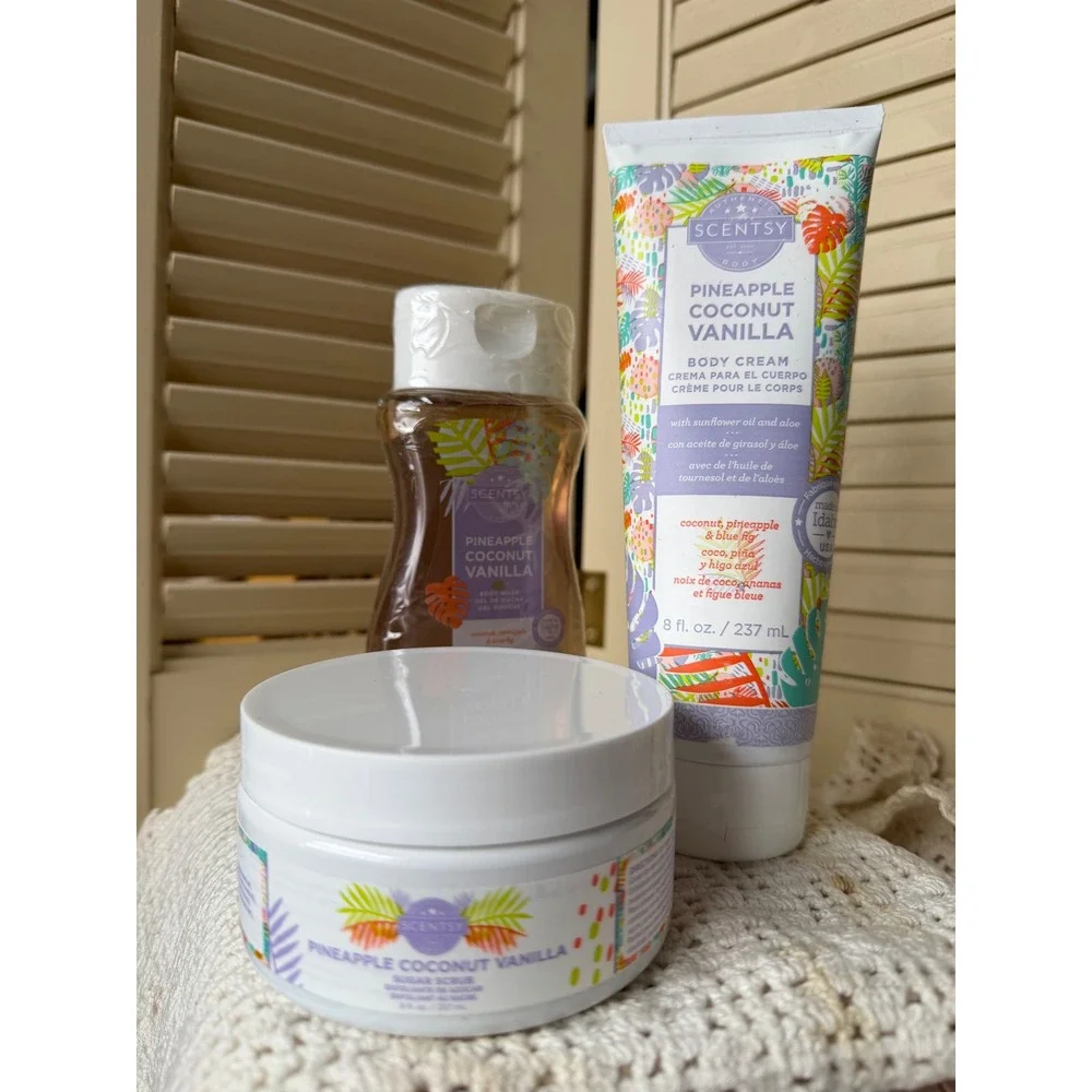 Scentsy Pineapple Coconut Vanilla Body Care Set Sugar Scrub Cream Wash‎ 3pc New